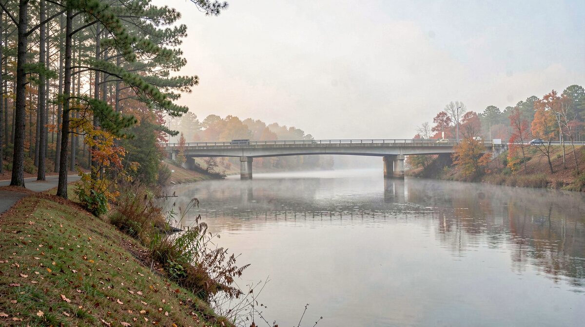 Jembatan jalan raya melintasi Sungai Flint di Albany, Georgia, pada pagi musim gugur berkabut tipis, air sungai tenang memantulkan langit pucat, pepohonan pinus di tepi kiri, sudut lebar dari tepi jalan setapak.